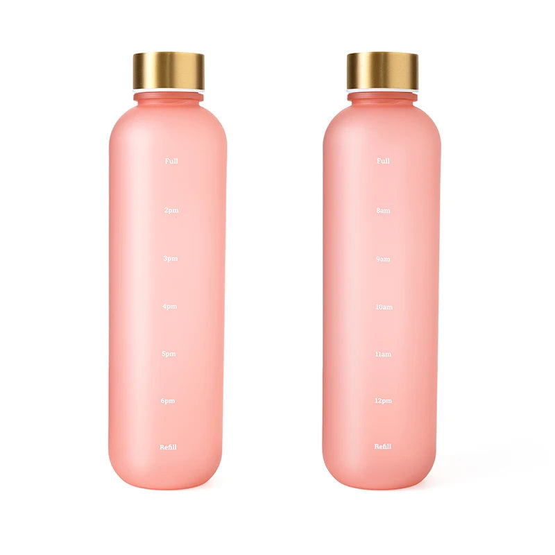 Valour Fit 1L motivational water bottle with time marker, clear plastic design, featuring measurement lines and a secure lid.