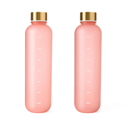Valour Fit 1L motivational water bottle with time marker, clear plastic design, featuring measurement lines and a secure lid.