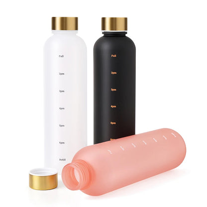 Valour Fit 1L motivational water bottle with time marker and leak-proof lid, designed for tracking daily hydration.