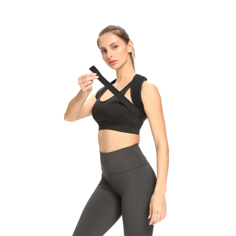 Valour Fit adjustable posture support belt for back and shoulders, showing a person wearing the ergonomic posture support device.