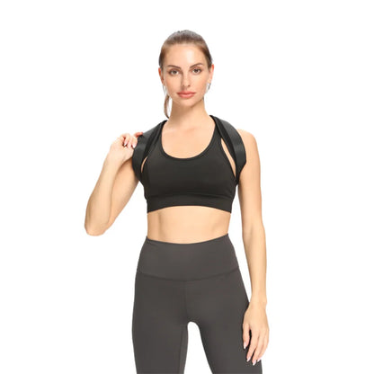 Valour Fit adjustable posture support belt for back and shoulders, shown in black with adjustable straps and ergonomic design.
