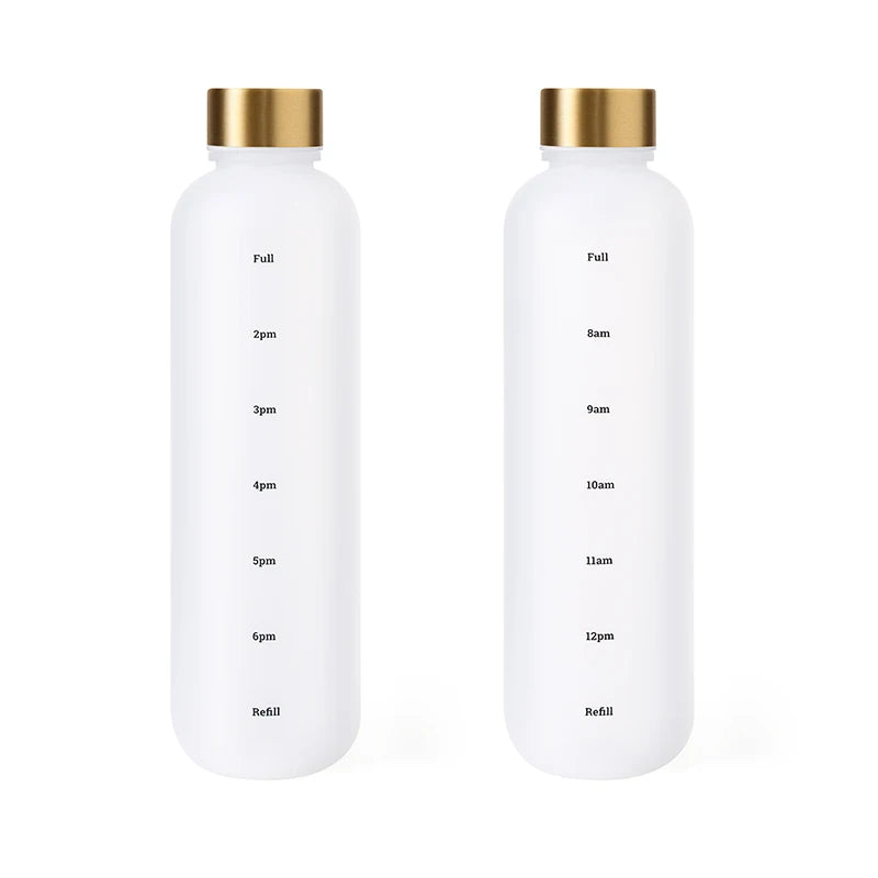 Valour Fit 1L motivational water bottle with time marker, clear plastic with black lid and measurement markings, designed for hydration tracking.