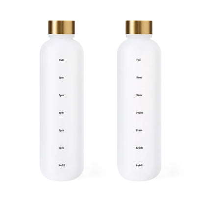 Valour Fit 1L motivational water bottle with time marker, clear plastic with black lid and measurement markings, designed for hydration tracking.