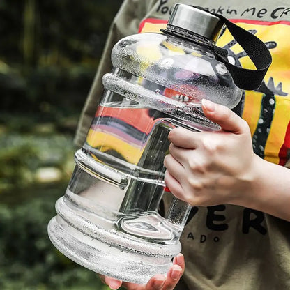 Valour Fit 2L PETG gym water bottle with carry handle, clear and durable for sports and fitness activities.