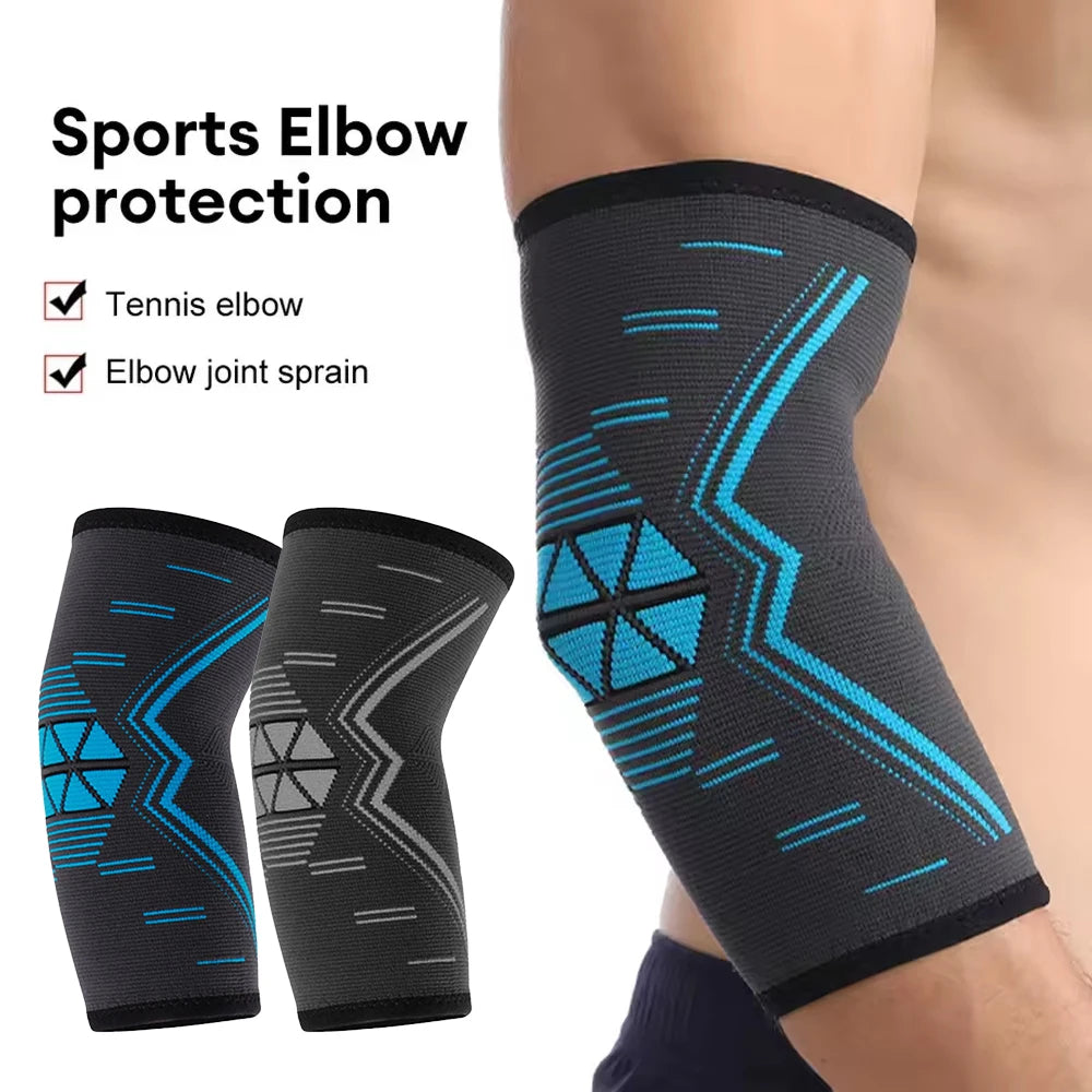Valour Fit compression elbow sleeve for golf, tennis, and training, shown on a person's arm providing support and stability during activity.