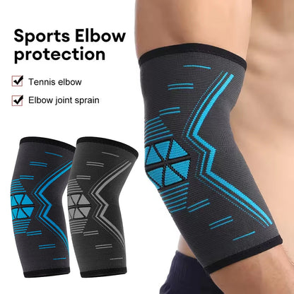 Valour Fit compression elbow sleeve for golf, tennis, and training, shown on a person's arm providing support and stability during activity.