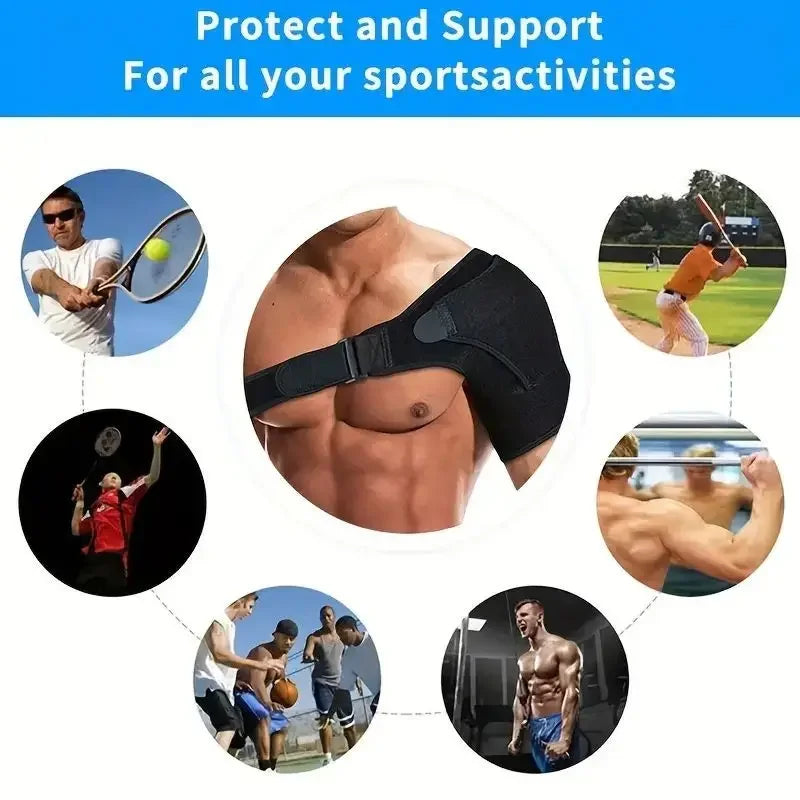 Valour Fit adjustable shoulder support brace for sports and training, shown on a person's shoulder in a dynamic pose