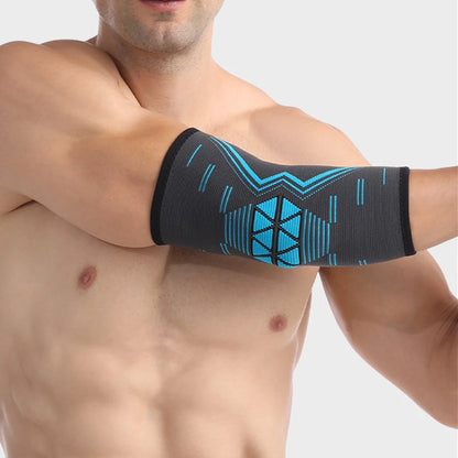 Valour Fit compression elbow sleeve supporting golf, tennis, and training with a snug fit and breathable fabric.