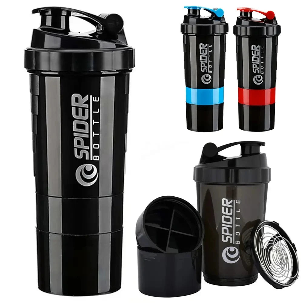 Valour Fit 3-layer protein shaker bottle with storage compartments for powders and supplements, black and clear design.
