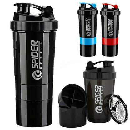 Valour Fit 3-layer protein shaker bottle with storage compartments for powders and supplements, black and clear design.