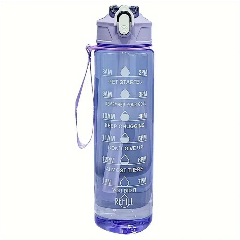 Valour Fit 800ml motivational sports water bottle with time marker and leak-proof lid on a white background.