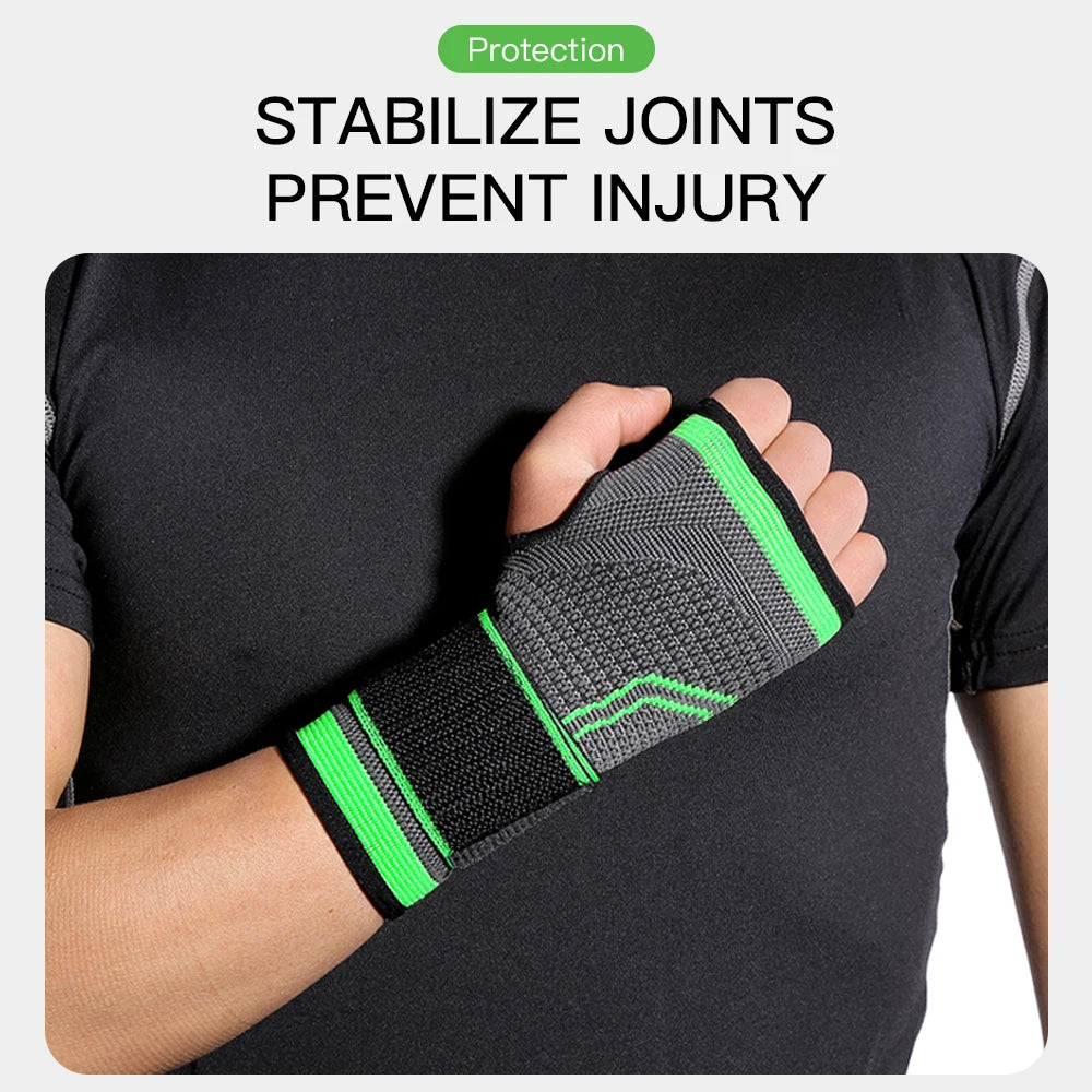 Valour Fit adjustable wrist support for gym and sports, showing a close-up of the black wrist brace on a person's wrist.