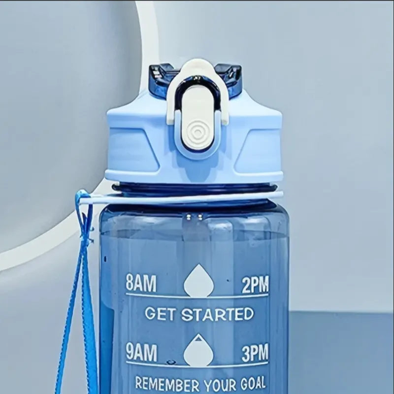 Valour Fit 800ml motivational sports water bottle with time marker, clear plastic with black lid and measurement markings