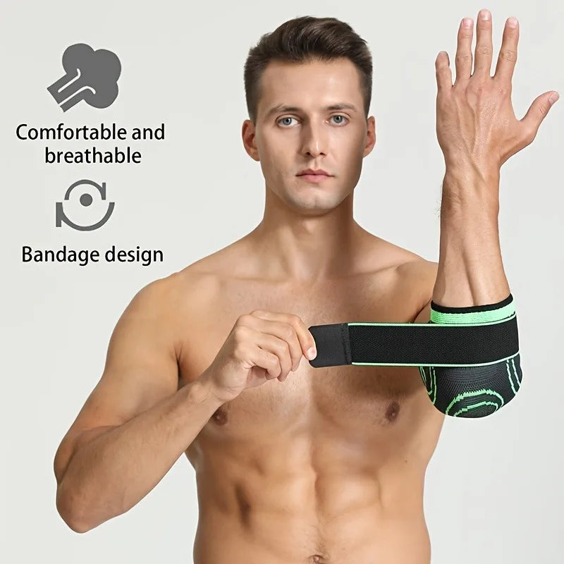 Valour Fit adjustable elbow support strap for sports, showing a flexible, supportive brace on a person's arm.