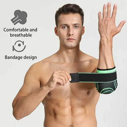 Valour Fit adjustable elbow support strap for sports, showing a flexible, supportive brace on a person's arm.