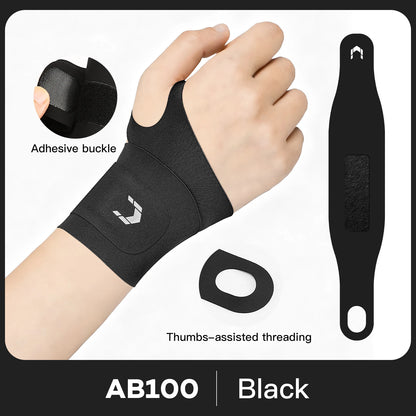 Valour Fit adjustable wrist and thumb support brace designed for gym and daily use, showing a black support brace on a arm.