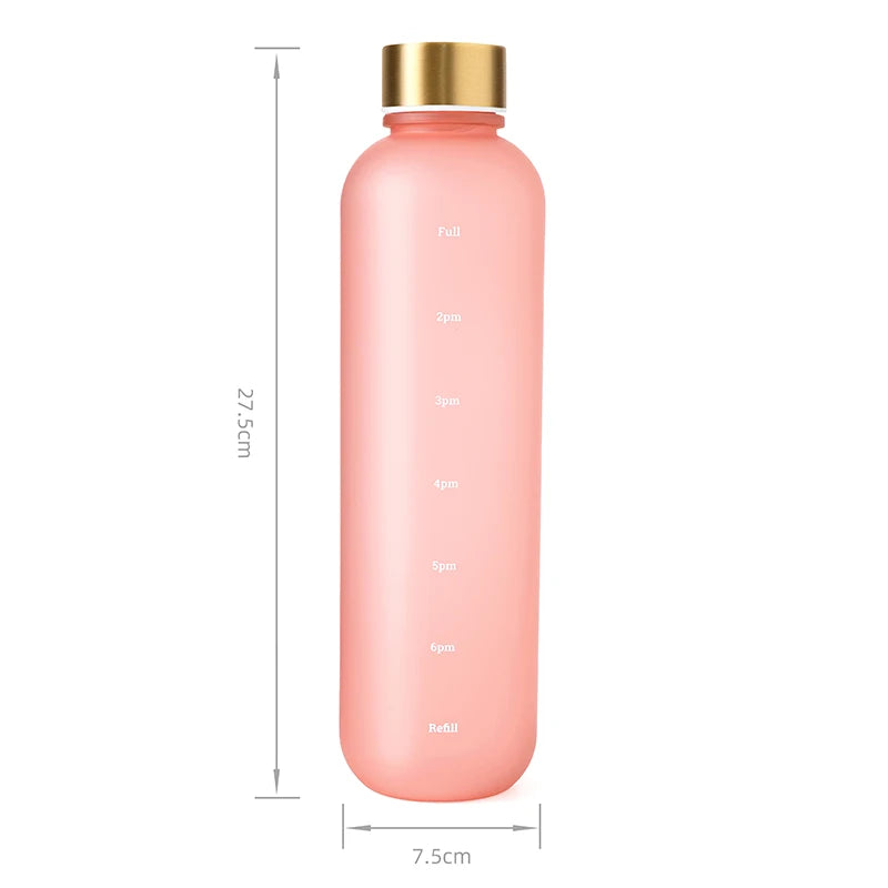 Valour Fit 1L motivational water bottle with time marker, clear plastic with measurement lines and screw-on lid.