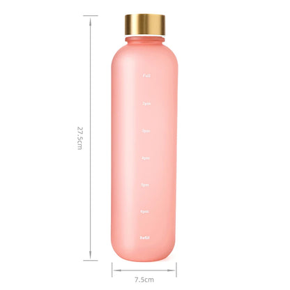 Valour Fit 1L motivational water bottle with time marker, clear plastic with measurement lines and screw-on lid.