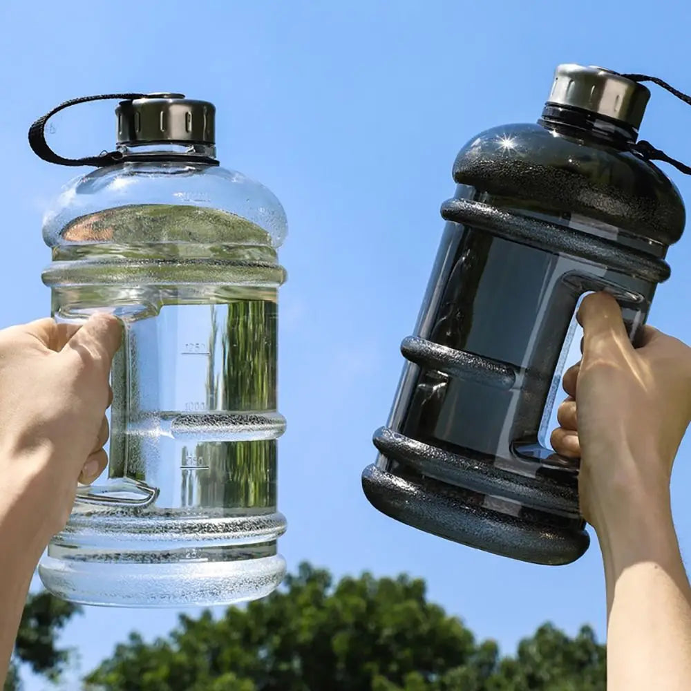 Valour Fit 2L PETG gym water bottle with carry handle, clear plastic design for hydration during workouts.
