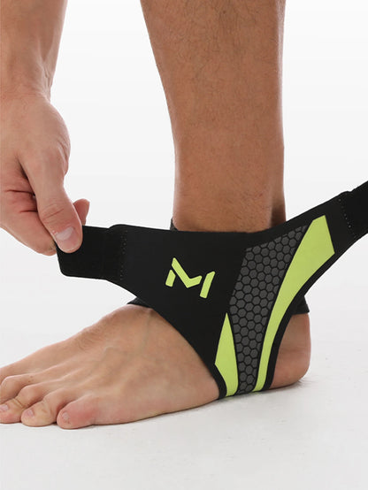 Valour Fit adjustable ankle compression support sleeve wrapped around the ankle, providing stability and support for injury recovery.