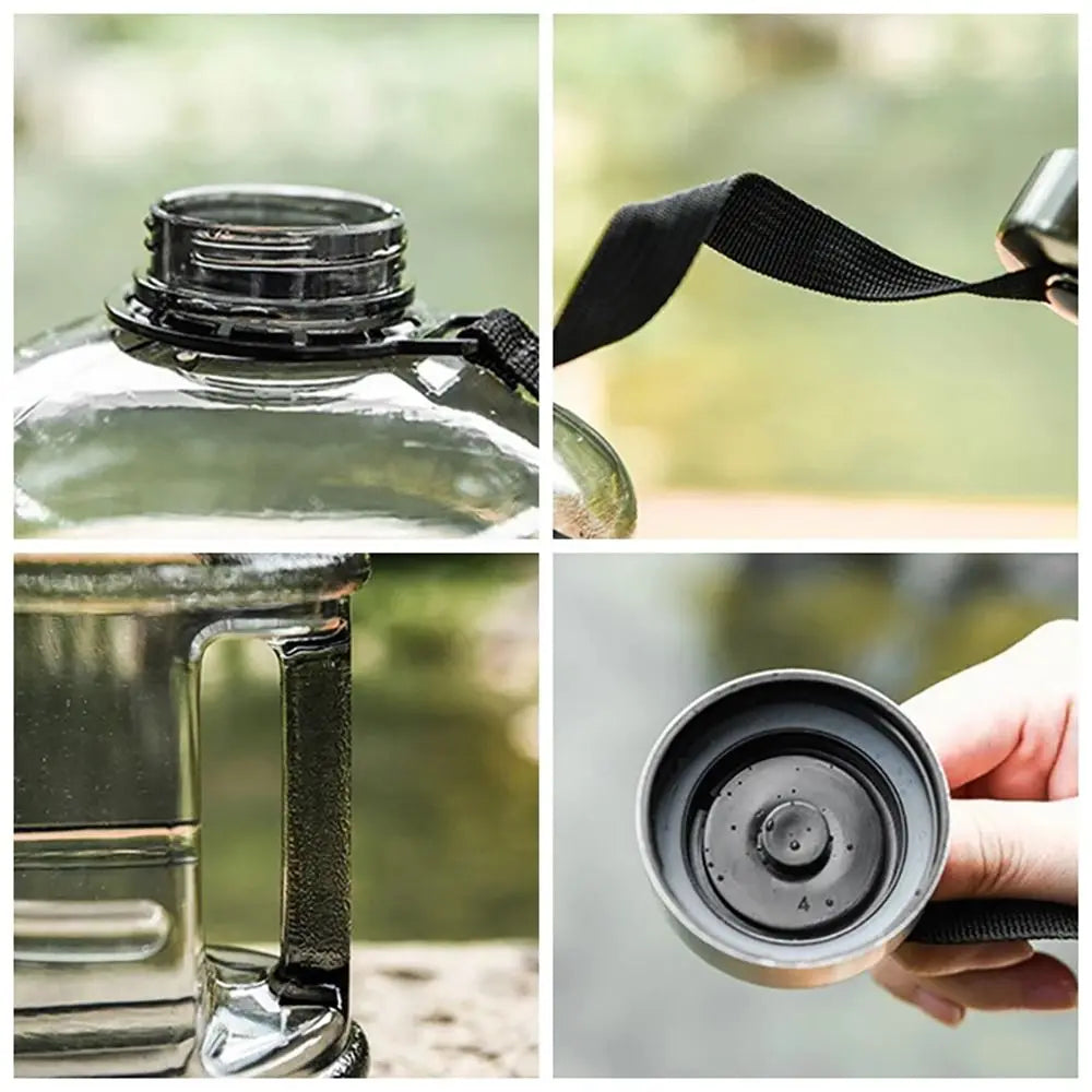 Valour Fit 2L PETG gym water bottle with carry handle, clear plastic design and leak-proof lid for sports and outdoor use.