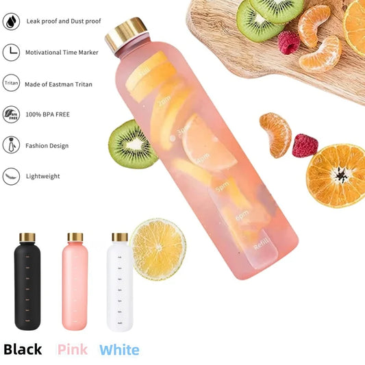 Valour Fit 1L motivational water bottle with time marker, clear plastic with blue accents and measurement markings