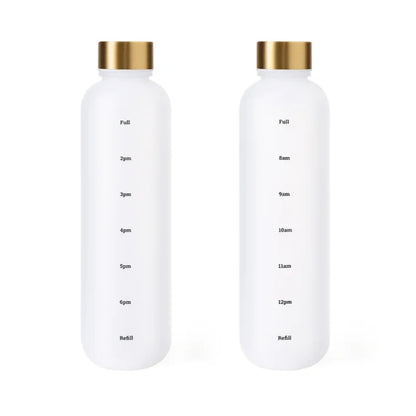 Valour Fit 1L motivational water bottle with time marker, clear plastic design and leak-proof lid for hydration tracking.
