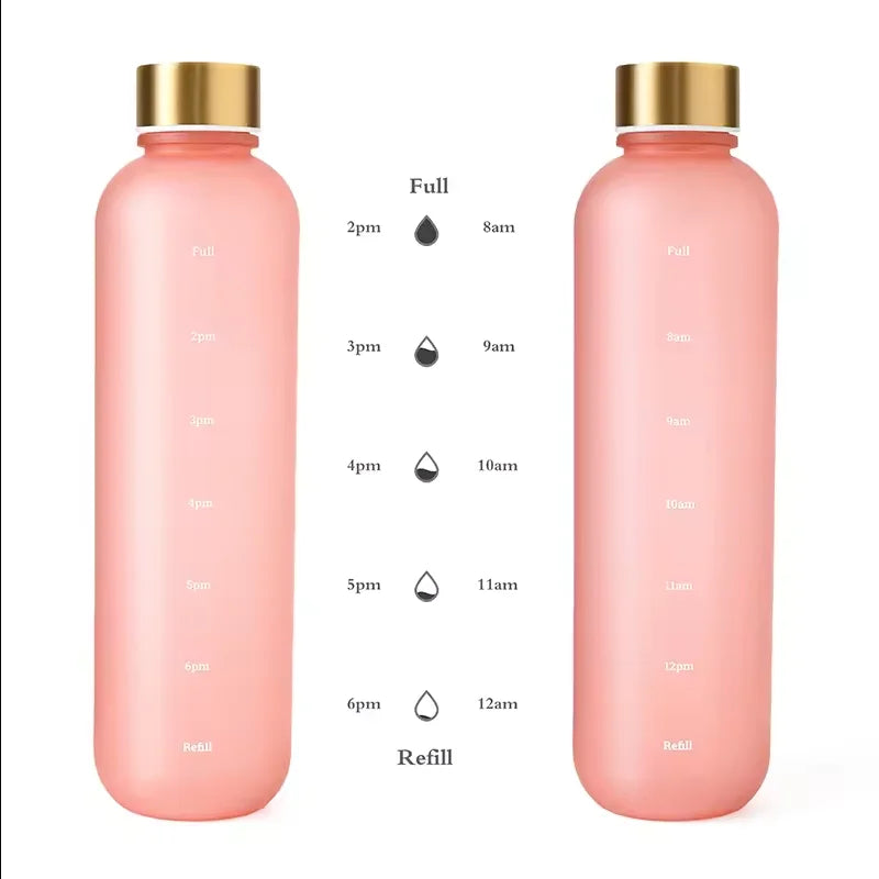 Valour Fit 1L motivational water bottle with time marker and leak-proof lid for tracking daily hydration.