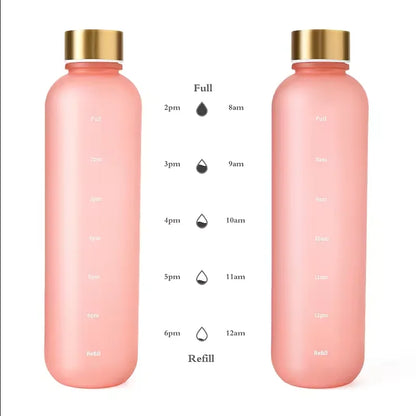 Valour Fit 1L motivational water bottle with time marker and leak-proof lid for tracking daily hydration.