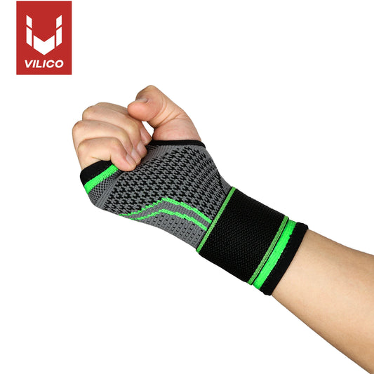 Valour Fit adjustable wrist support for gym and sports, showing a close-up of the supportive brace on a person's wrist.