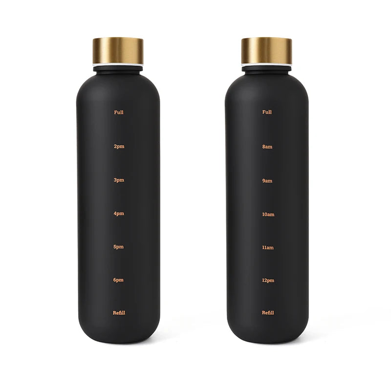 Valour Fit 1L motivational water bottle with time marker, clear plastic with measurement lines and secure lid for hydration tracking