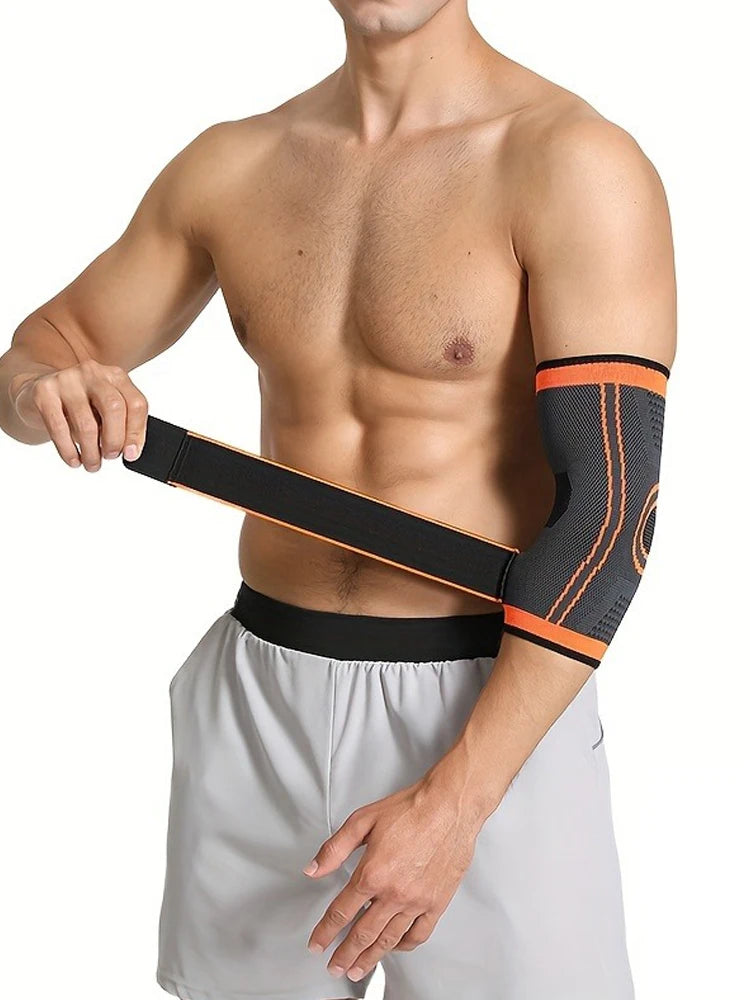 Valour Fit adjustable elbow support strap for sports, shown in black with Velcro closure and padded design for comfort and stability.