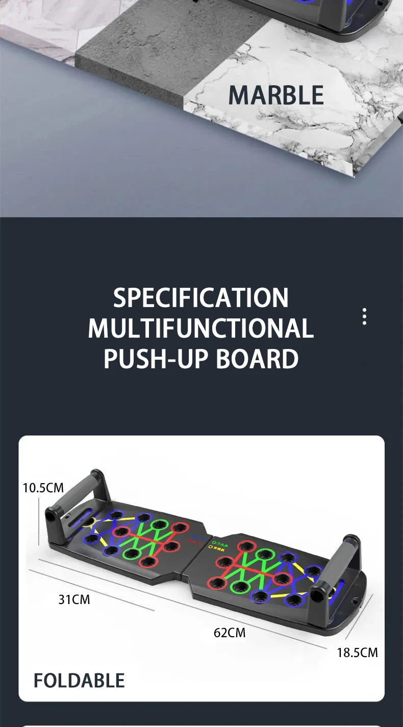 Valour Fit foldable push-up board with adjustable handles for strength training, showing the compact, foldable design and grip handles.