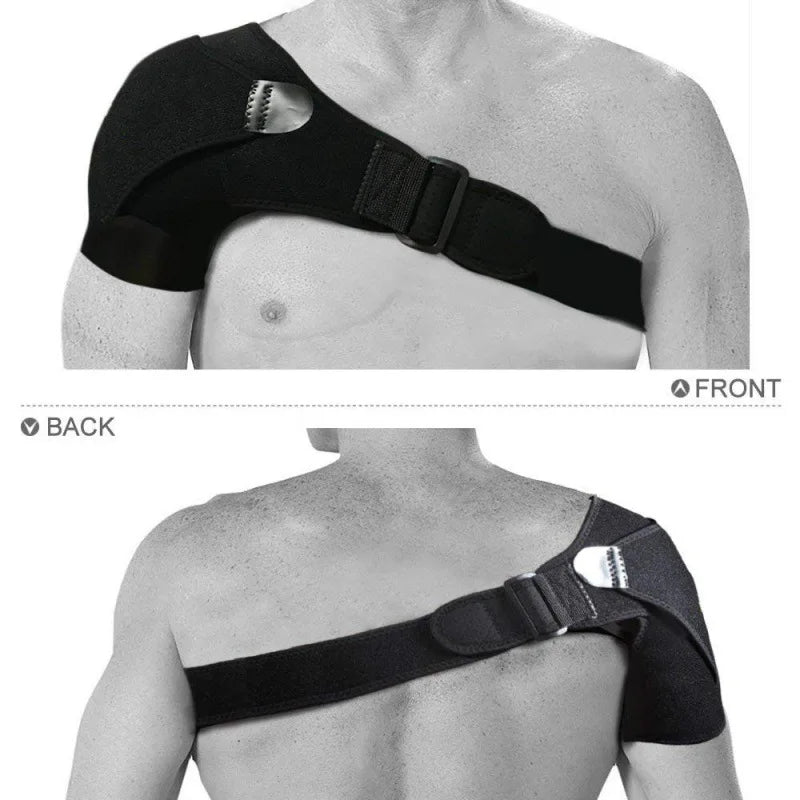 Valour Fit adjustable shoulder support brace for sports and training, shown in black with straps and padding for comfort and stability.