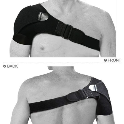 Valour Fit adjustable shoulder support brace for sports and training, shown in black with straps and padding for comfort and stability.