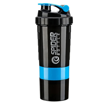Valour Fit 3-layer protein shaker bottle with storage compartments, black and clear design for gym and supplement use
