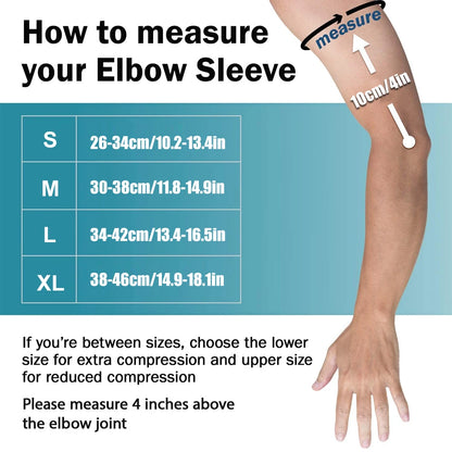 Valour Fit compression elbow support sleeve for golf, tennis, and training, shown on a model's arm for elbow stabilization.