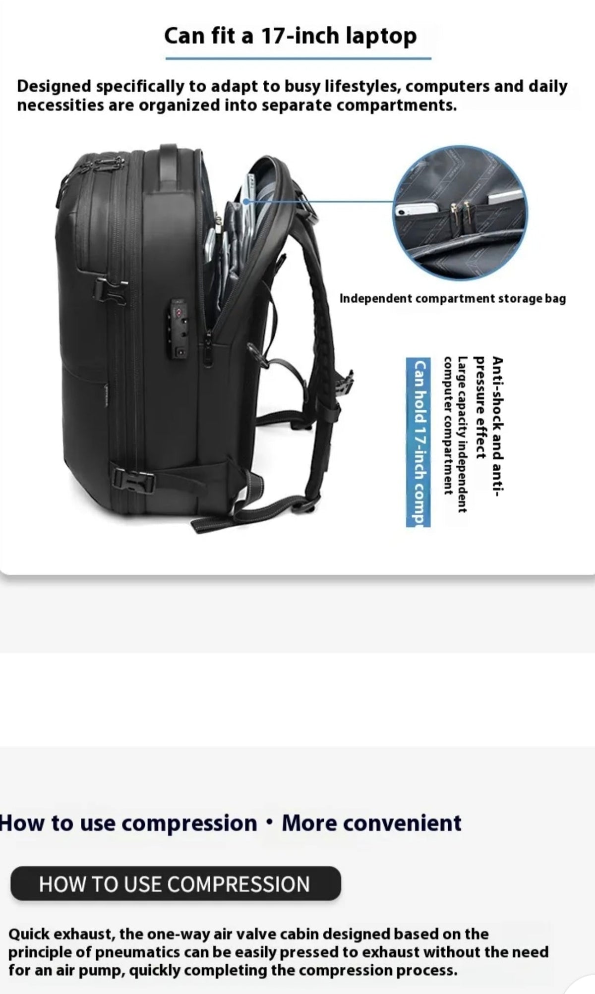 Valour Fit vacuum compression travel backpack with adjustable straps and multiple compartments for efficient packing.