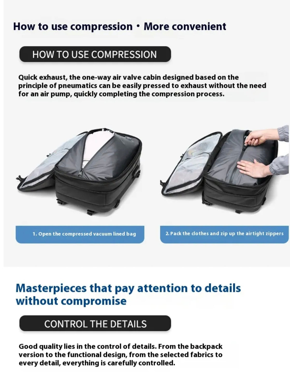 Valour Fit vacuum compression travel backpack with adjustable straps and multiple compartments for efficient packing.