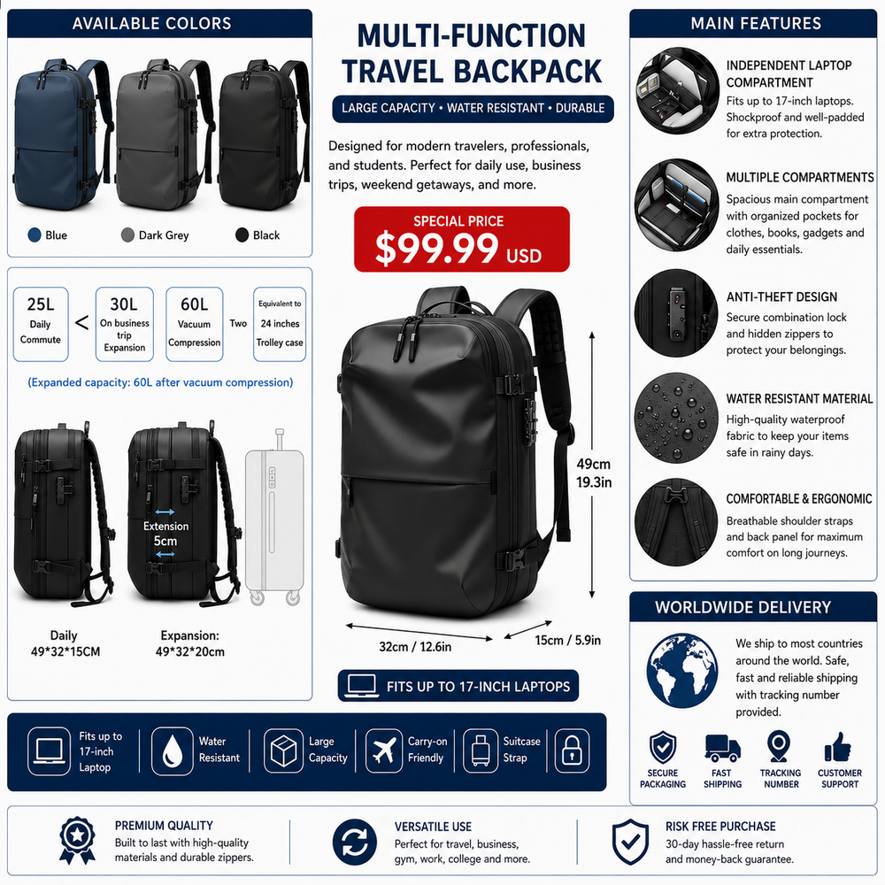 Valour Fit vacuum compression travel backpack with multiple compartments and adjustable straps for convenient travel storage.