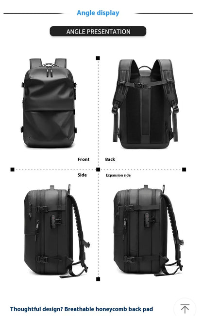 Valour Fit vacuum compression travel backpack with multiple compartments and adjustable straps, designed for efficient packing.